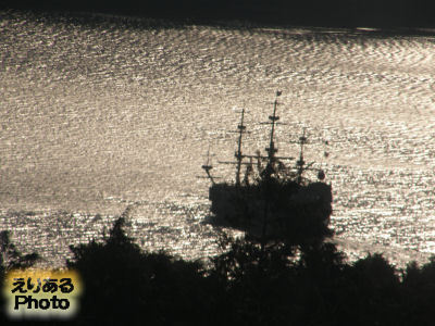 芦ノ湖を進む海賊船を望む
